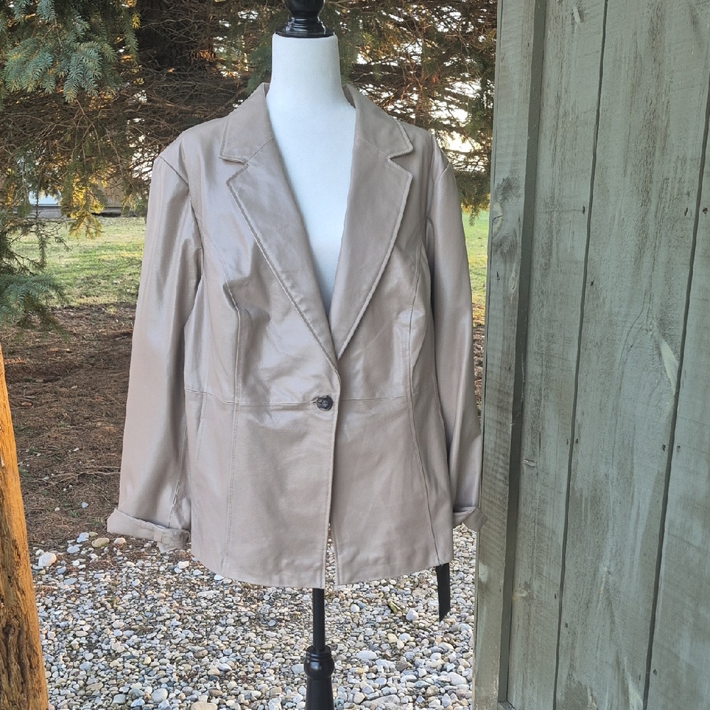 Womens Taupe Leather Single-Button Jacket